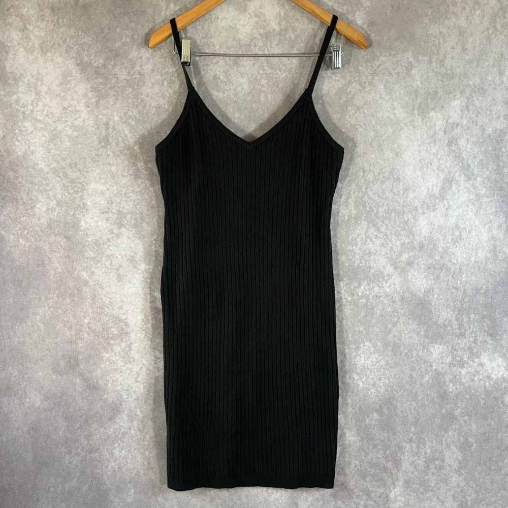 Avec Les Filles Ribbed Knit Mini Dress Womens Large Black V-Neck Bodycon NEW